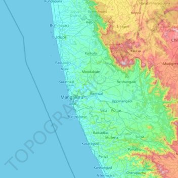 Mappa topografica Dakshina Kannada, altitudine, rilievo