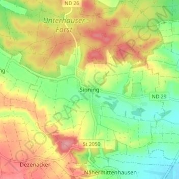 Mappa topografica Sinning, altitudine, rilievo