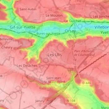 Mappa topografica Les Ulis, altitudine, rilievo
