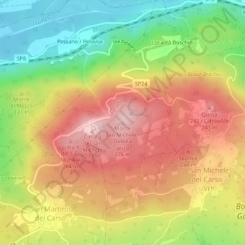 Mappa topografica Monte San Michele, altitudine, rilievo