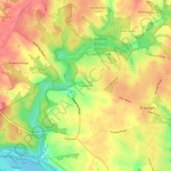 Mappa topografica Farmlands, altitudine, rilievo