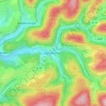 Mappa topografica Oberkirchen, altitudine, rilievo