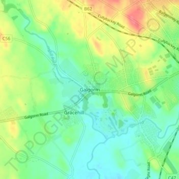 Mappa topografica Galgorm, altitudine, rilievo