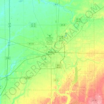 Mappa topografica Muncie, altitudine, rilievo