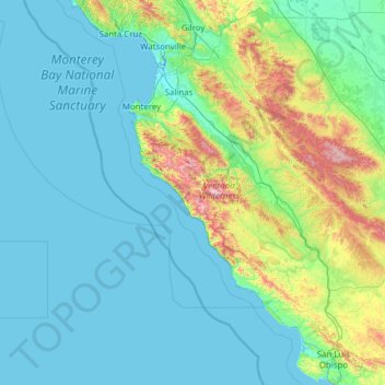 Mappa topografica Big Sur, altitudine, rilievo
