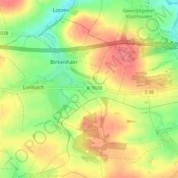 Mappa topografica Birkenhain, altitudine, rilievo