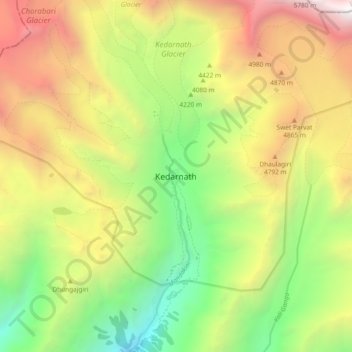Mappa topografica Kedarnath, altitudine, rilievo