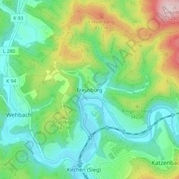 Mappa topografica Freusburg, altitudine, rilievo