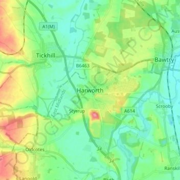 Mappa topografica Harworth, altitudine, rilievo