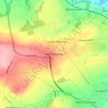 Mappa topografica High Etherley, altitudine, rilievo