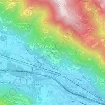 Mappa topografica Achit, altitudine, rilievo