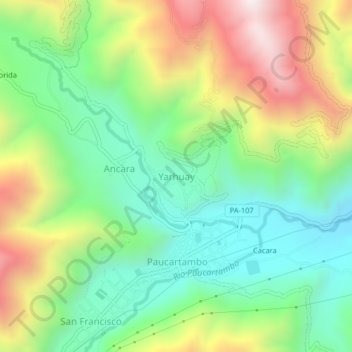 Mappa topografica Yarhuay, altitudine, rilievo