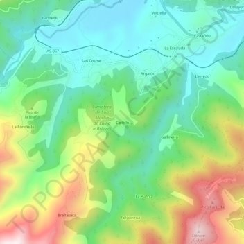 Mappa topografica Cipieḷḷu, altitudine, rilievo