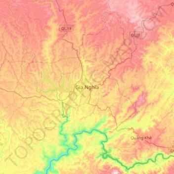 Mappa topografica Gia Nghĩa, altitudine, rilievo