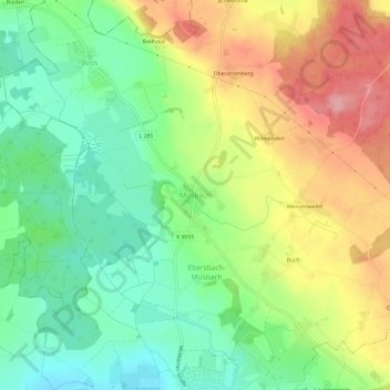 Mappa topografica Musbach, altitudine, rilievo