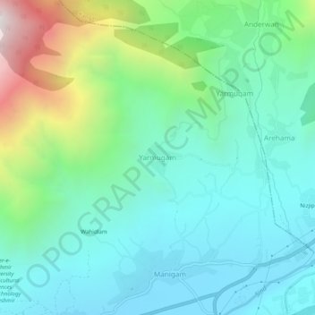 Mappa topografica Yarmugam, altitudine, rilievo