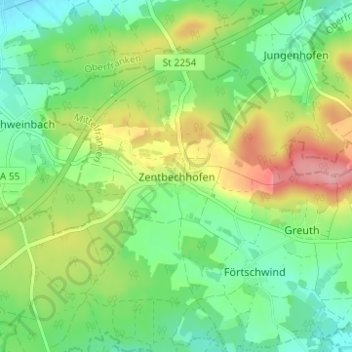 Mappa topografica Zentbechhofen, altitudine, rilievo