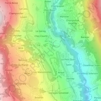 Mappa topografica Valcartey, altitudine, rilievo