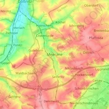 Mappa topografica Meerane, altitudine, rilievo