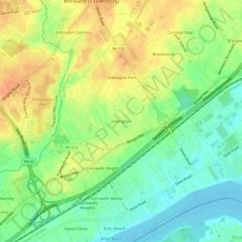 Mappa topografica Eddington, altitudine, rilievo