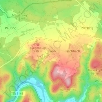 Mappa topografica Brunn, altitudine, rilievo