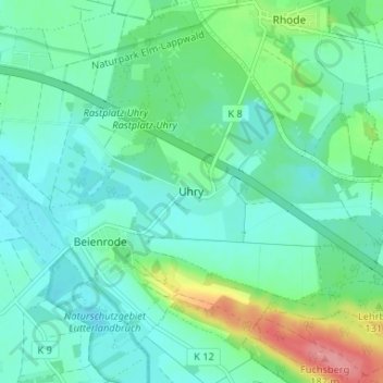 Mappa topografica Uhry, altitudine, rilievo