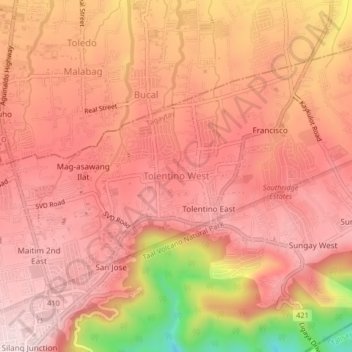Mappa topografica Tolentino West, altitudine, rilievo