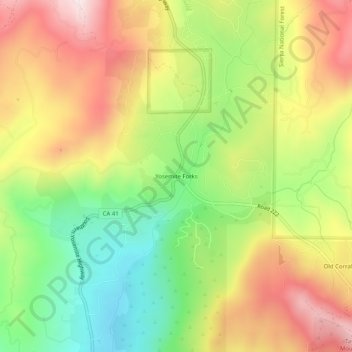 Mappa topografica Yosemite Forks, altitudine, rilievo