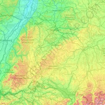 Mappa topografica Württemberg, altitudine, rilievo