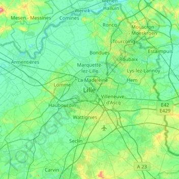 Mappa topografica Lille, altitudine, rilievo