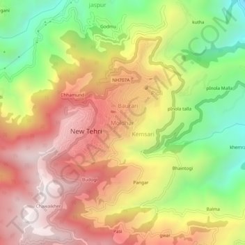 Mappa topografica Moldhar, altitudine, rilievo