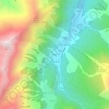 Mappa topografica Pomieri, altitudine, rilievo