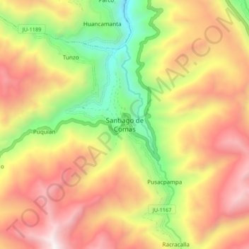 Mappa topografica Santiago de Comas, altitudine, rilievo