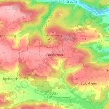 Mappa topografica Fünfbronn, altitudine, rilievo