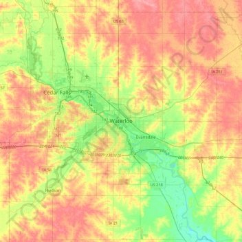 Mappa topografica Waterloo, altitudine, rilievo