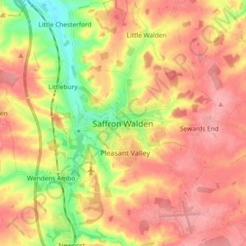 Mappa topografica Saffron Walden, altitudine, rilievo