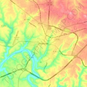 Mappa topografica Bardstown, altitudine, rilievo