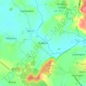 Mappa topografica Rudford, altitudine, rilievo