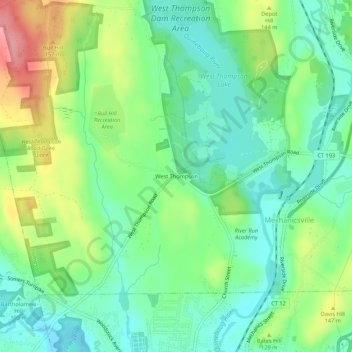 Mappa topografica West Thompson, altitudine, rilievo