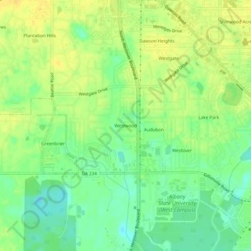 Mappa topografica Westwood, altitudine, rilievo