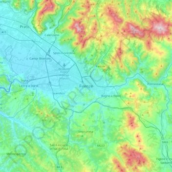 Mappa topografica Firenze, altitudine, rilievo