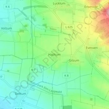 Mappa topografica Hachum, altitudine, rilievo