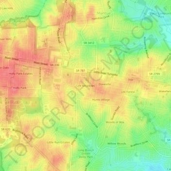 Mappa topografica Lee Meadows, altitudine, rilievo