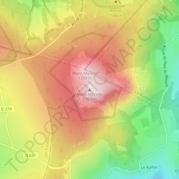 Mappa topografica Mont Mézenc, altitudine, rilievo