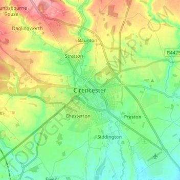 Mappa topografica Cirencester, altitudine, rilievo