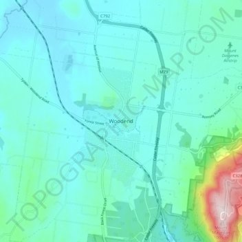 Mappa topografica Woodend, altitudine, rilievo