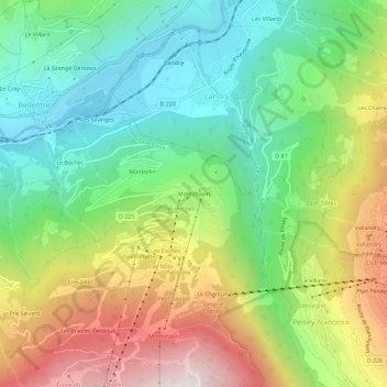 Mappa topografica Montchavin, altitudine, rilievo