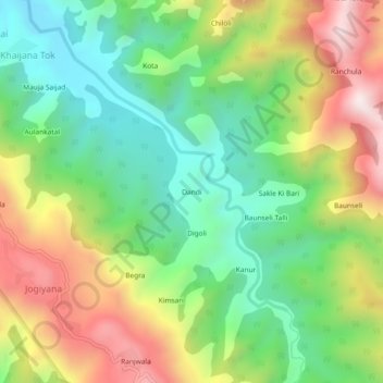 Mappa topografica Dandi, altitudine, rilievo