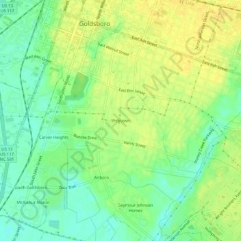 Mappa topografica Webtown, altitudine, rilievo