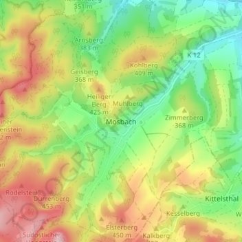 Mappa topografica Mosbach, altitudine, rilievo